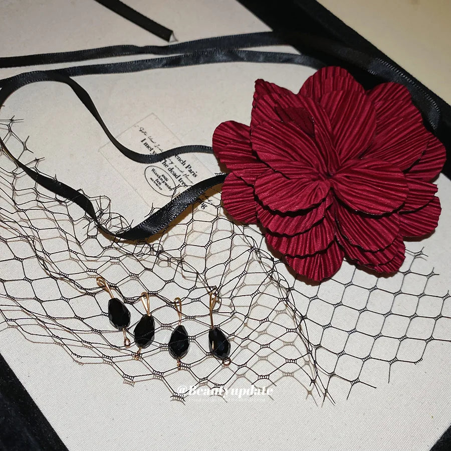 Red Fabric Flower Hair Clips for Women Sweet Petal Long Tassel Barrettes Duckbill Clip Hairpins Summer Holiday Hair Accessories