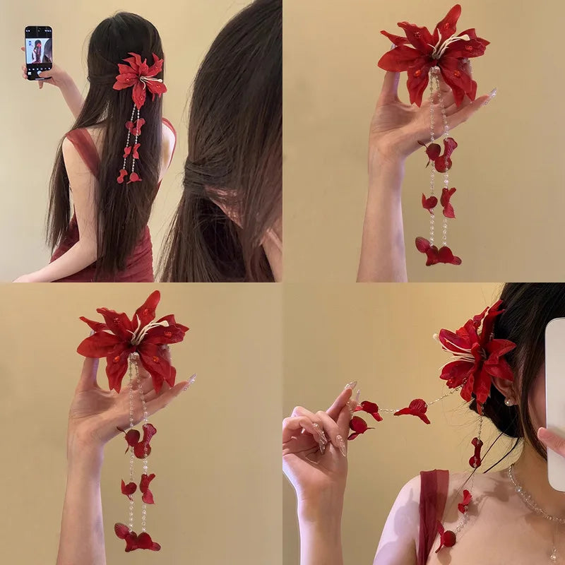 Red Fabric Flower Hair Clips for Women Sweet Petal Long Tassel Barrettes Duckbill Clip Hairpins Summer Holiday Hair Accessories