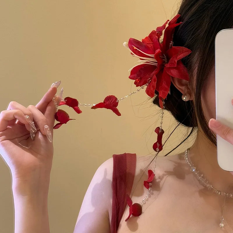 Red Fabric Flower Hair Clips for Women Sweet Petal Long Tassel Barrettes Duckbill Clip Hairpins Summer Holiday Hair Accessories