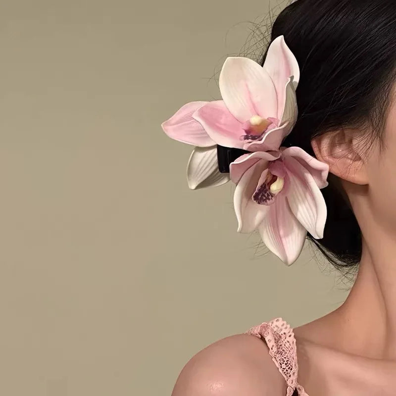 Bohemian Flower Hair Claw Large Elegant Orchid Hair Grab Clip Floral Bangs Side Clip Summer Vacation Fashion Hair Styling Clamp
