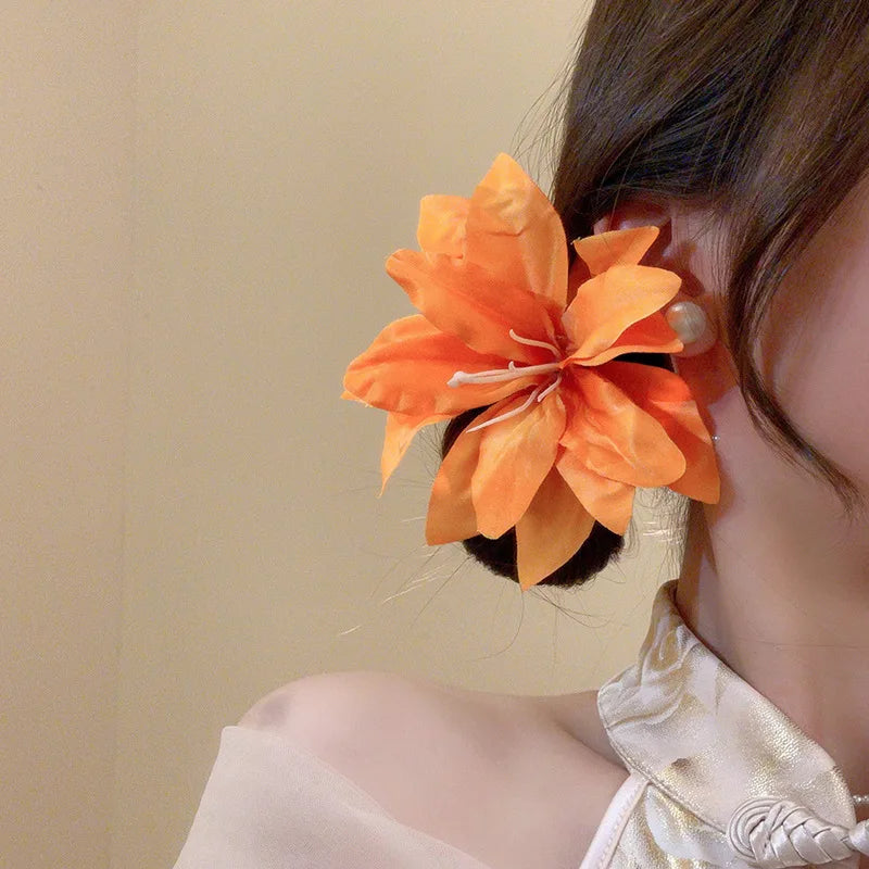 Red Fabric Flower Hair Clips for Women Sweet Petal Long Tassel Barrettes Duckbill Clip Hairpins Summer Holiday Hair Accessories