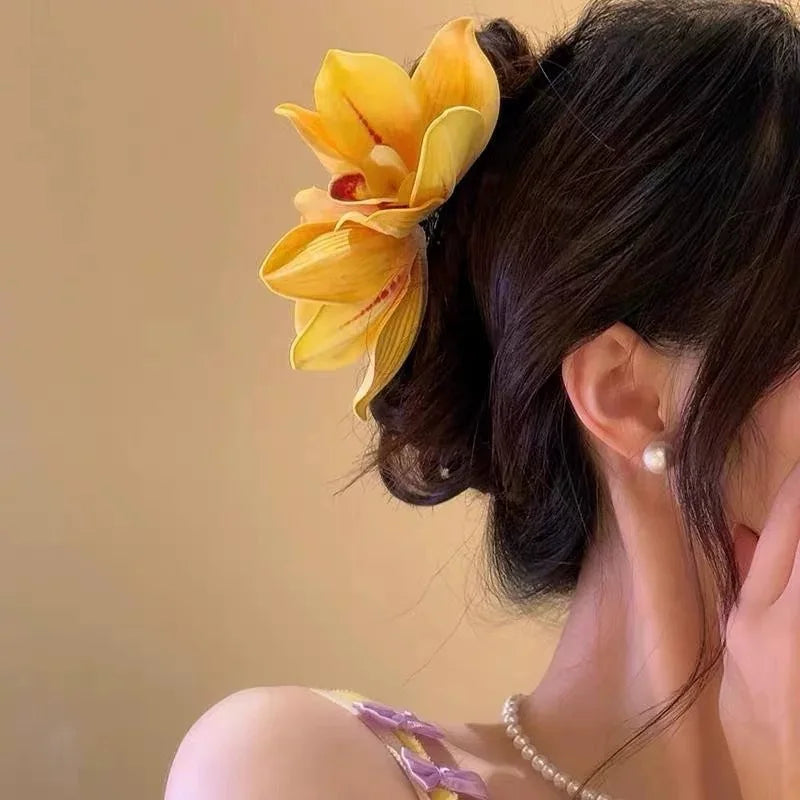 Bohemian Flower Hair Claw Large Elegant Orchid Hair Grab Clip Floral Bangs Side Clip Summer Vacation Fashion Hair Styling Clamp