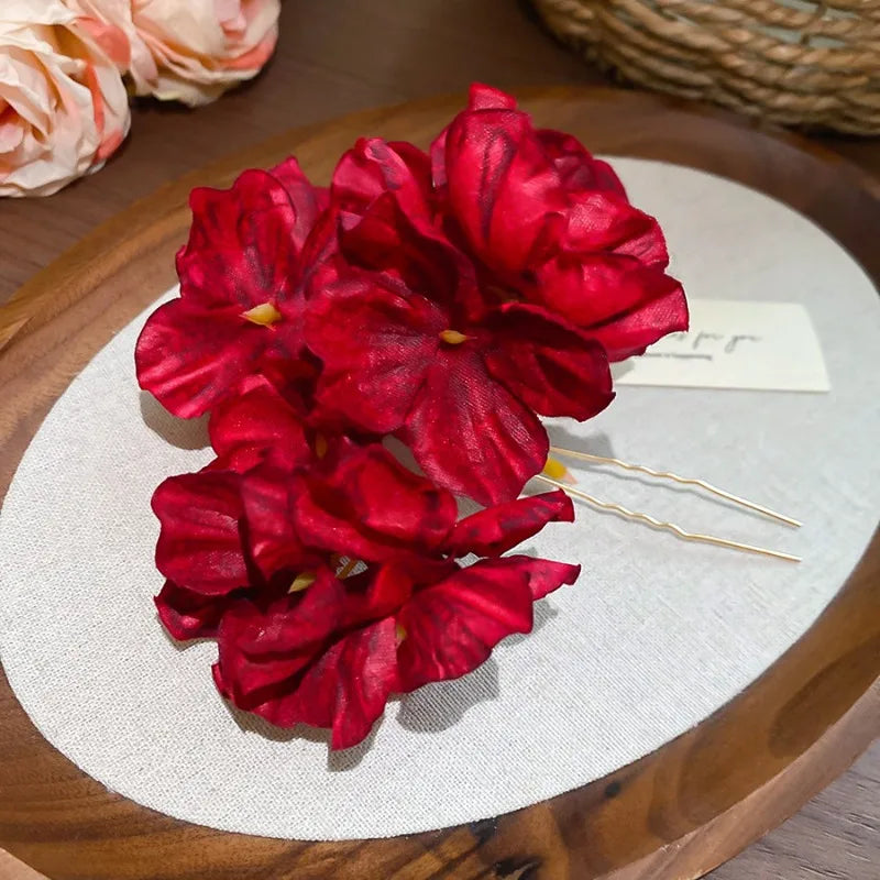 Red Fabric Flower Hair Clips for Women Sweet Petal Long Tassel Barrettes Duckbill Clip Hairpins Summer Holiday Hair Accessories