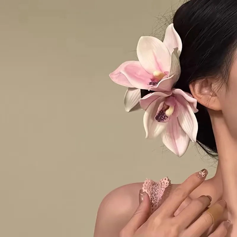 Bohemian Flower Hair Claw Large Elegant Orchid Hair Grab Clip Floral Bangs Side Clip Summer Vacation Fashion Hair Styling Clamp