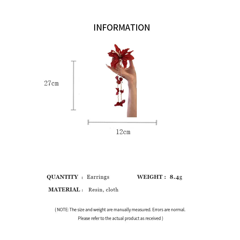 Red Fabric Flower Hair Clips for Women Sweet Petal Long Tassel Barrettes Duckbill Clip Hairpins Summer Holiday Hair Accessories