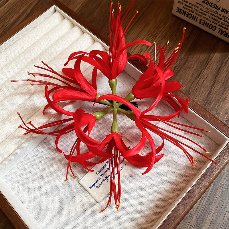 Red Fabric Flower Hair Clips for Women Sweet Petal Long Tassel Barrettes Duckbill Clip Hairpins Summer Holiday Hair Accessories