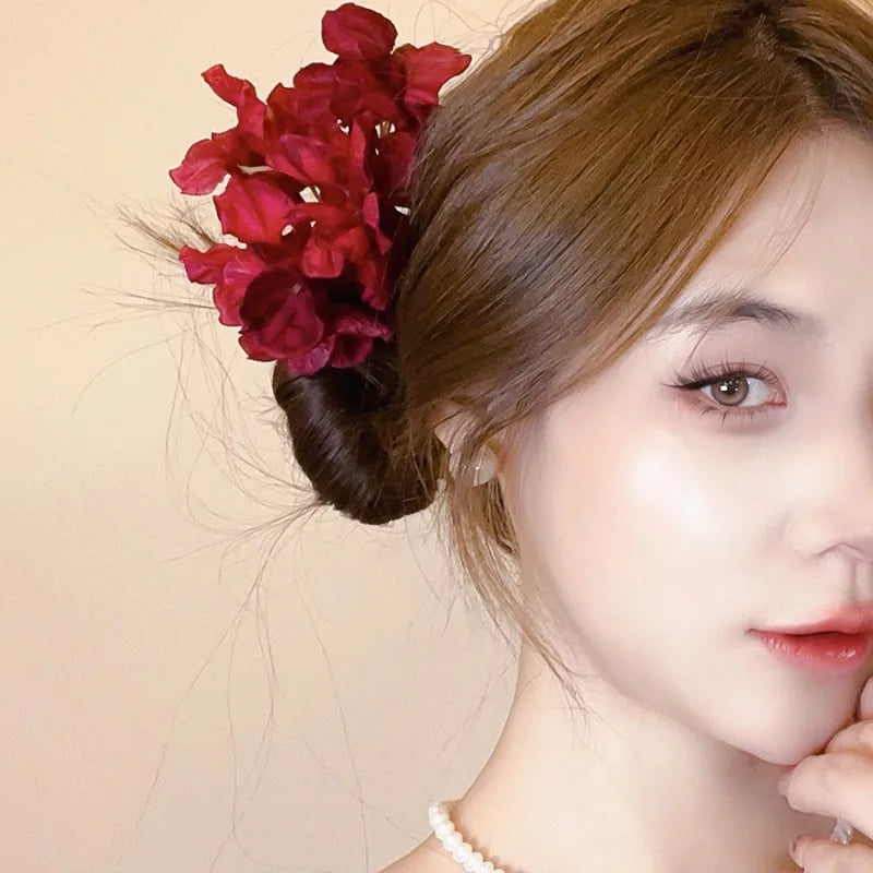 Red Fabric Flower Hair Clips for Women Sweet Petal Long Tassel Barrettes Duckbill Clip Hairpins Summer Holiday Hair Accessories