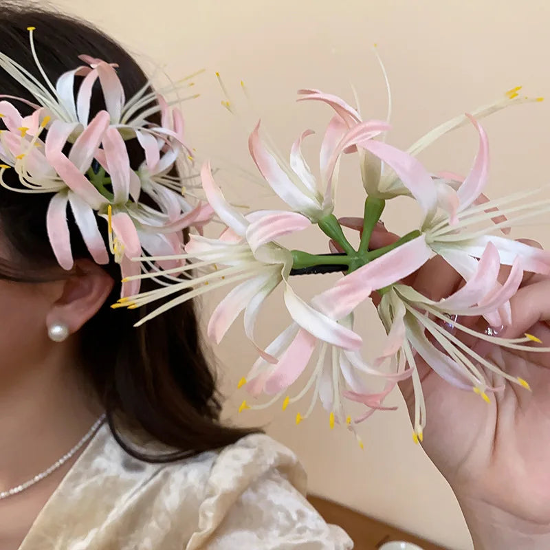 Red Fabric Flower Hair Clips for Women Sweet Petal Long Tassel Barrettes Duckbill Clip Hairpins Summer Holiday Hair Accessories