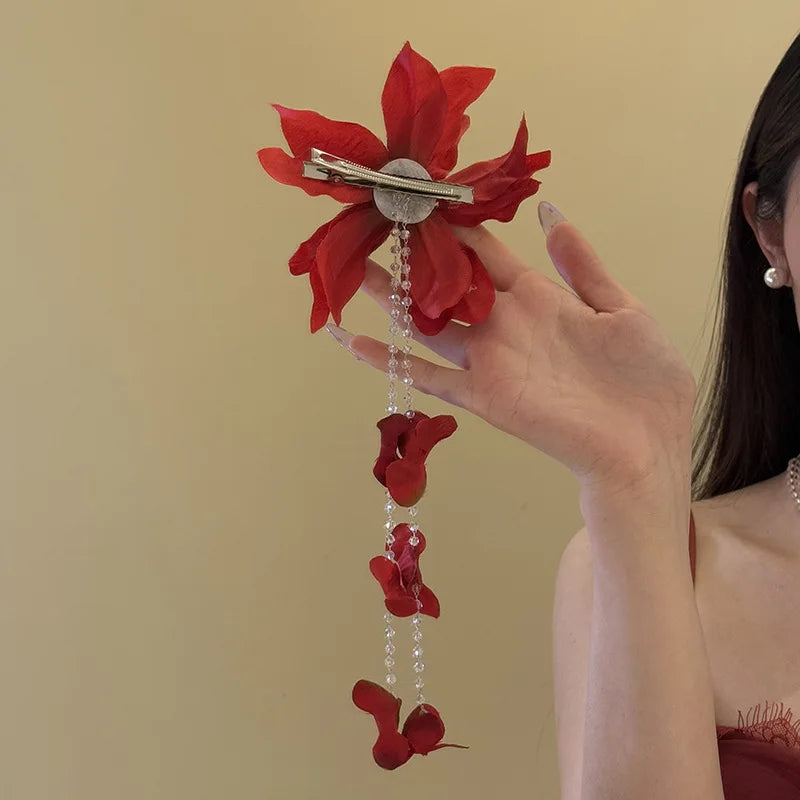 Red Fabric Flower Hair Clips for Women Sweet Petal Long Tassel Barrettes Duckbill Clip Hairpins Summer Holiday Hair Accessories