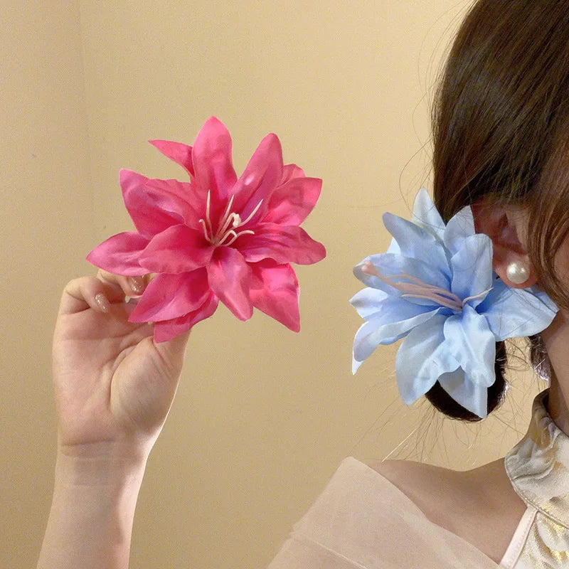 Red Fabric Flower Hair Clips for Women Sweet Petal Long Tassel Barrettes Duckbill Clip Hairpins Summer Holiday Hair Accessories